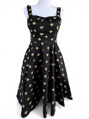 🐝 Eva Rose Dress Black Bee Print Fit & Flare Sweatheart Swing Pockets Tie | Sz S